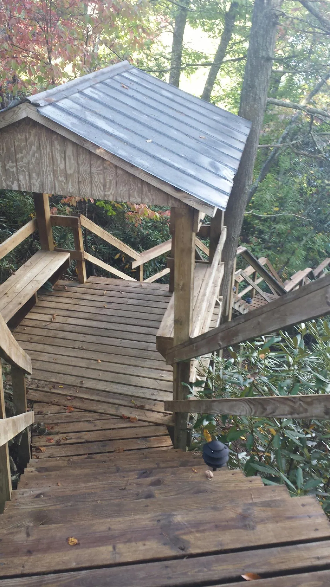 Metal roofed shelter over wooden steps on a wooded walkway — Skylight Repair & Installation work by our crew in Eatonton